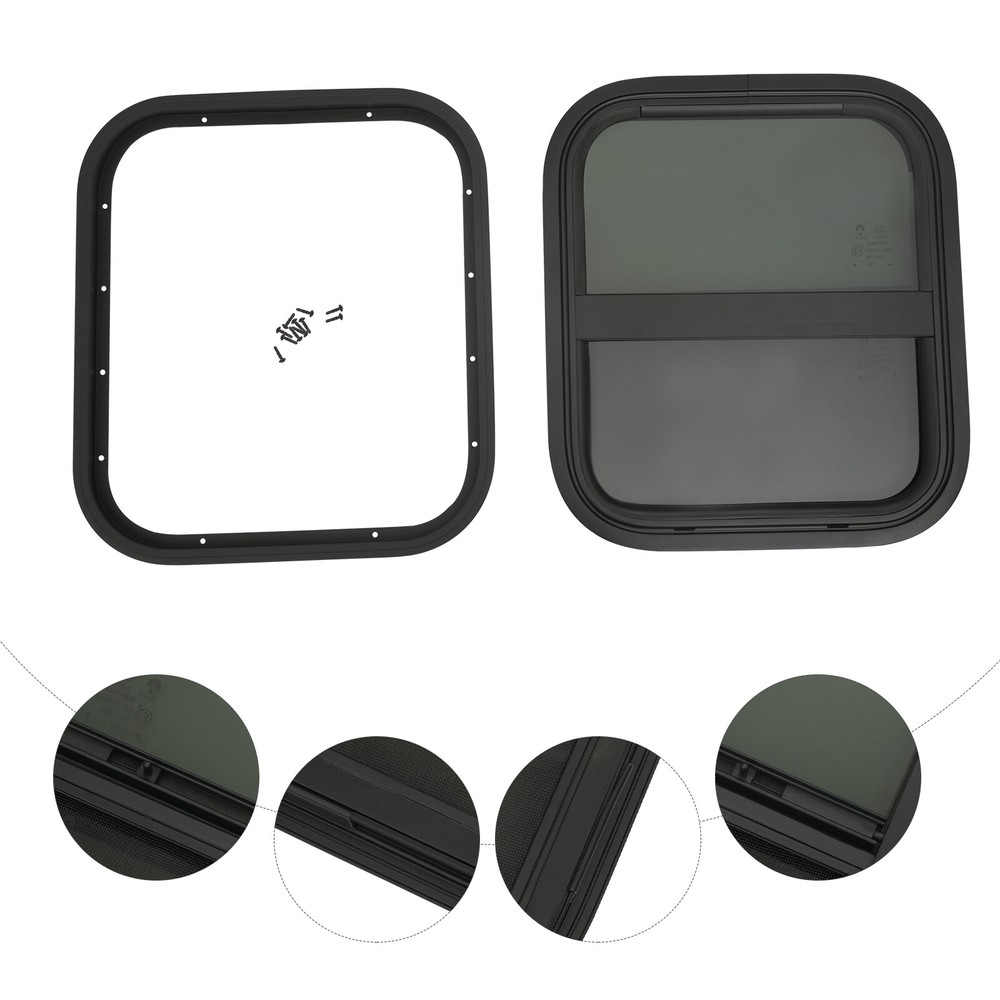 14"x16" Black Universal RV Window Vertical Sliding Window Replacement +Trim Ring