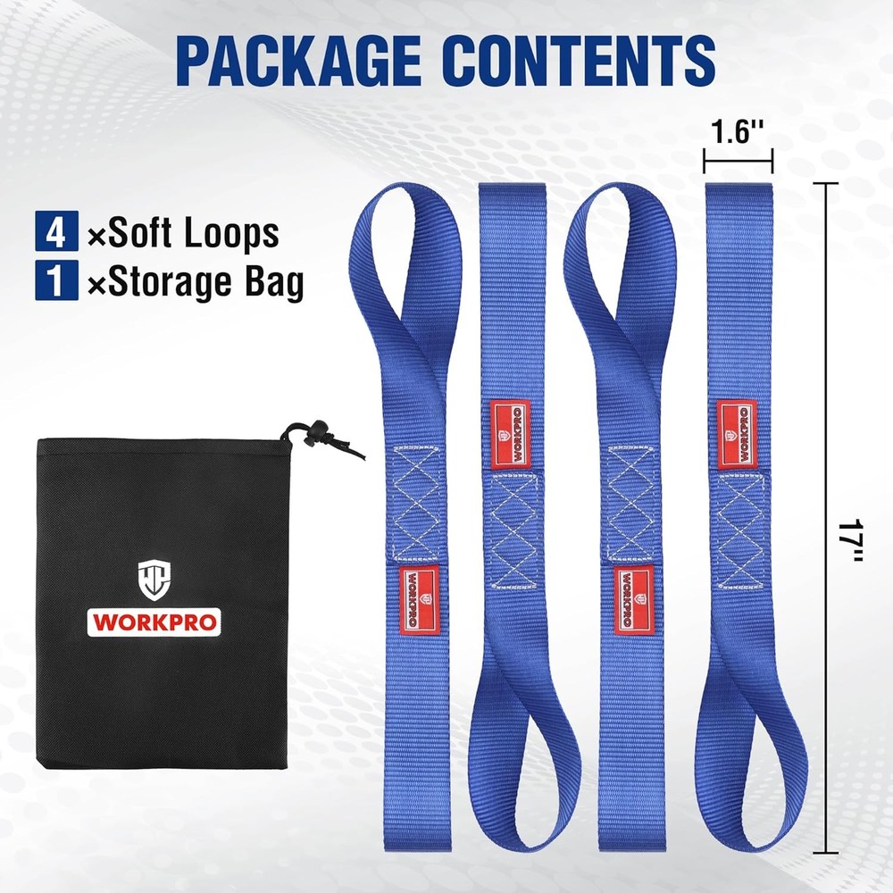 WORKPRO 4PC Heavy Duty Soft Loop Tie Down Straps 1.6"x17" 5000lbs Break Strength