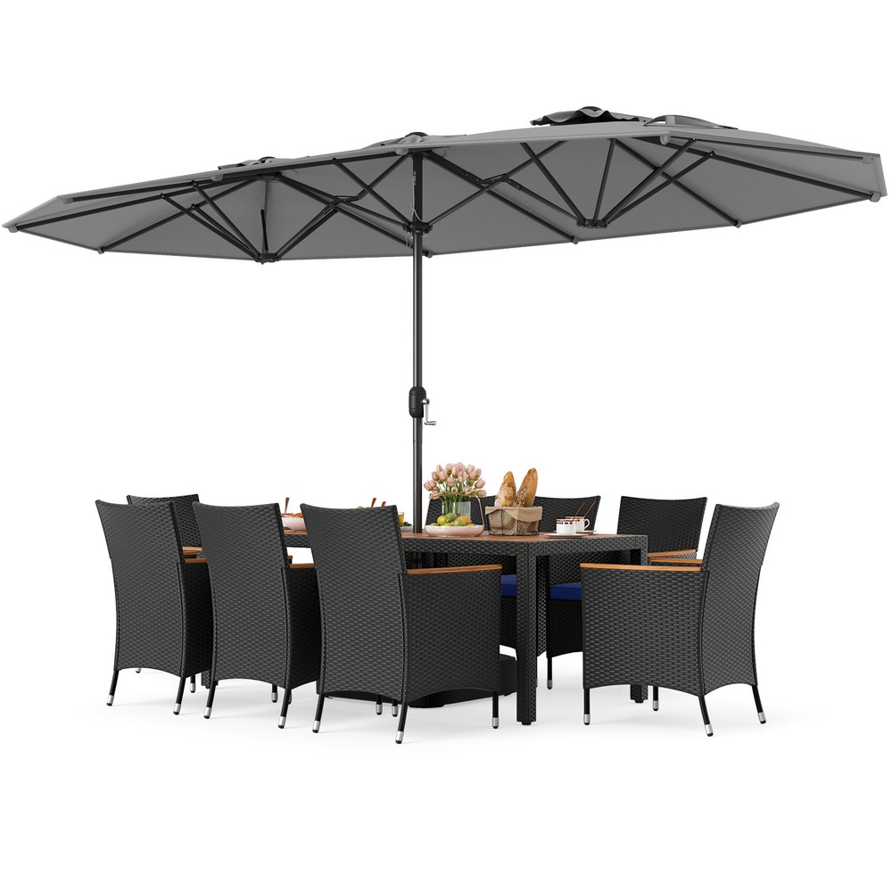 11 PCS Patio Wicker Dining Set w/Double-Sided Outdoor Umbrella 8 Stackable