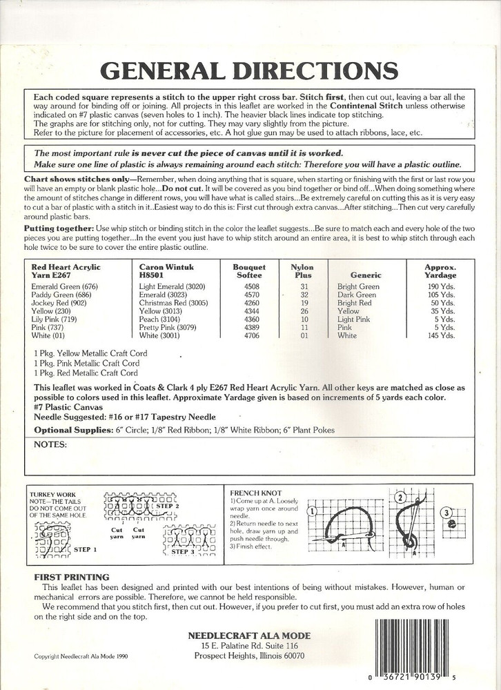NEEDLECRAFT ALA MODE PLASTIC CANVAS O' CHRISTMAS TREE PATTERN LEAFLET #139 ©1990