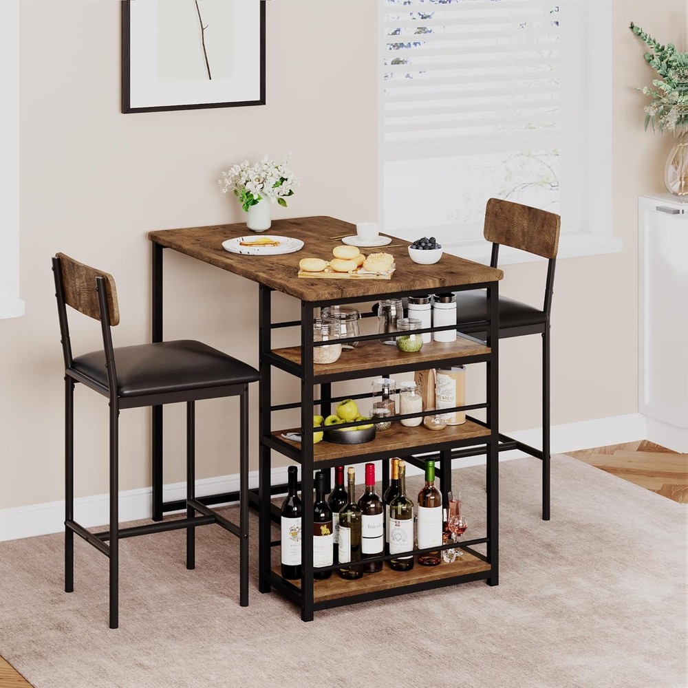 Dining Table Set 2 Counter Height Kitchen Table W/ 2 Upholstered Bar Stools