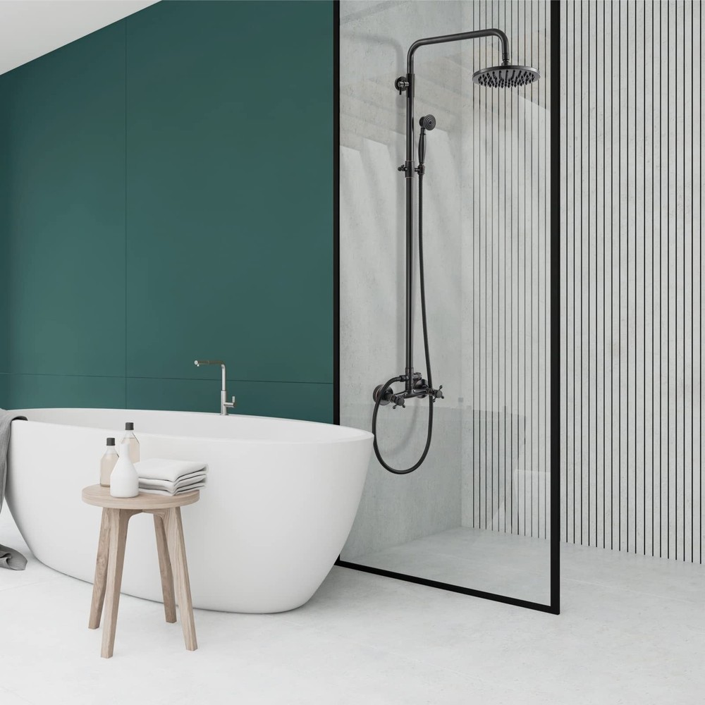 Dual Functions Exposed Pipe Shower System Round 8 Inch Rainfall Shower Head B...