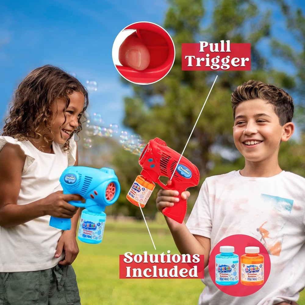 Kids Bubble Guns Set - 2 Blasters with 10 oz Safe Bubble Solution & Batteries