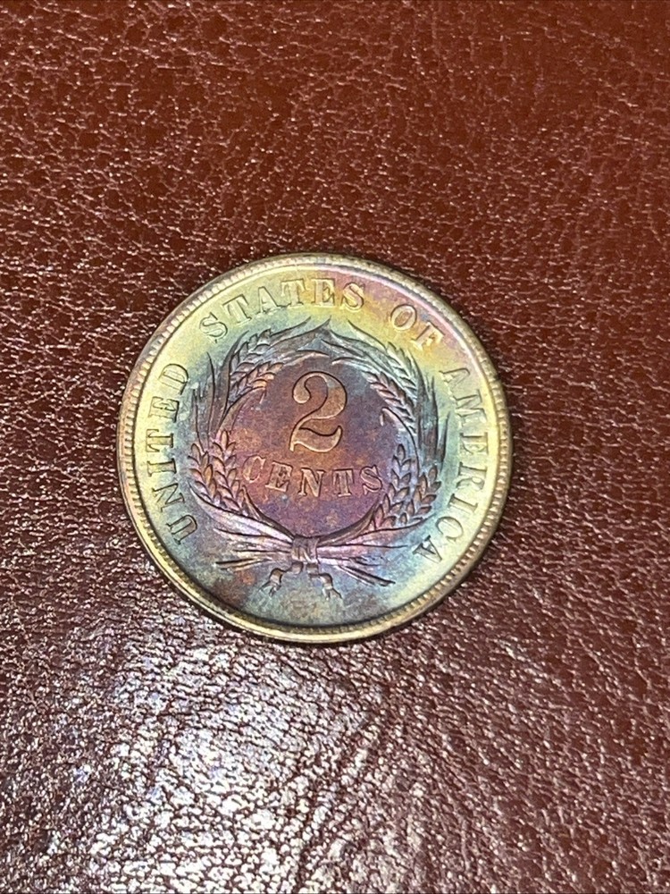 1866 2C Two Cent Rainbow Toned UNC High Grade Coin