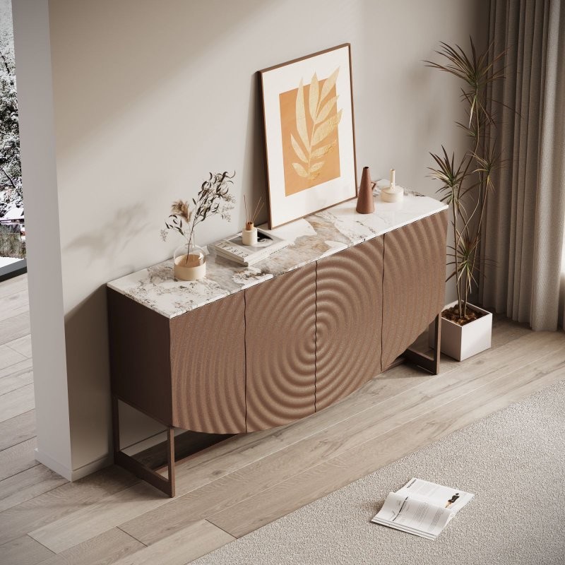 3D Wave Texture Buffet Cabinet Modern Kitchen Sideboards with Storage 4-Door US