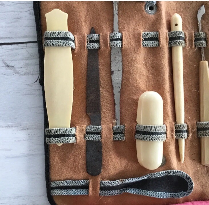 Antique CELLULOID MANICURE SET Lined Original Leather Case 12 PCs Plus Case