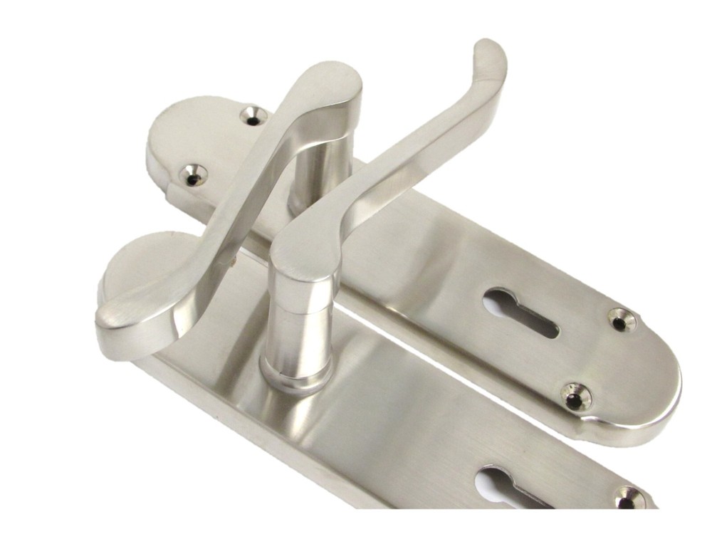 Epsom Satin Victorian Scroll on Shaped Back Plate Lock Door Handle Pair