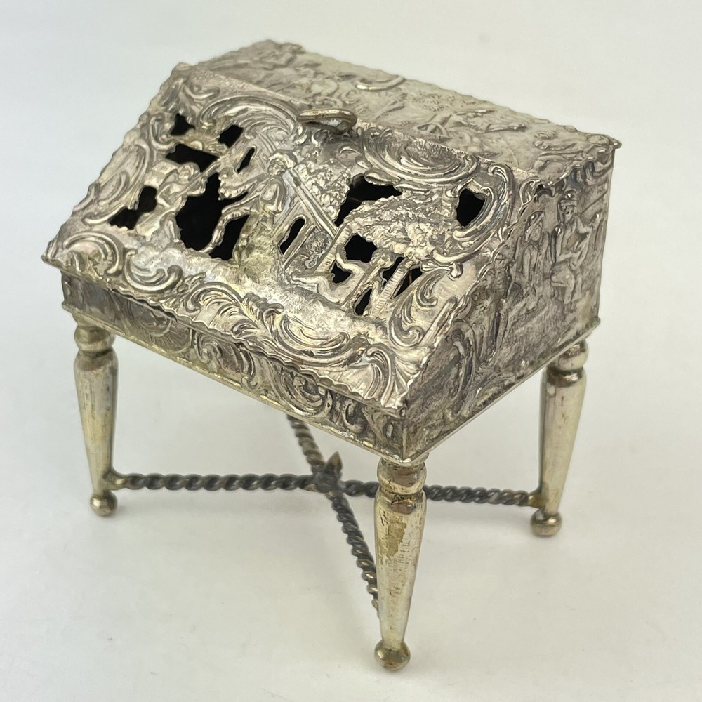 Antique Dutch Solid Silver Novelty Miniature Bureau Pierced Rococo Design 5.7cm