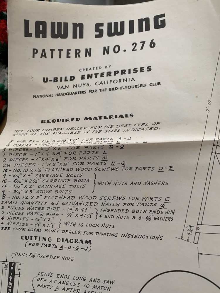 Vtg. U-bild Pattern No. 276 Lawn Swing (#7)