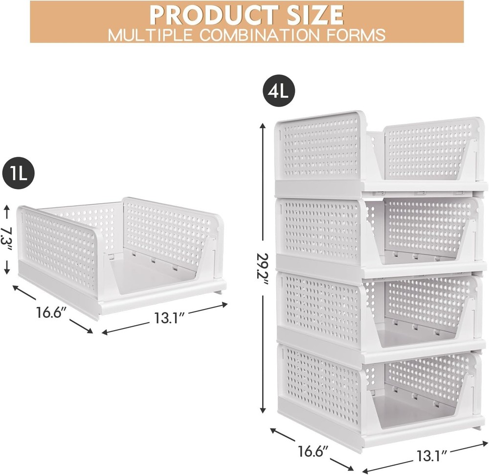 4 Pack Stackable Closet Storage Basket - Stackable Storage Bins, Multifunctional