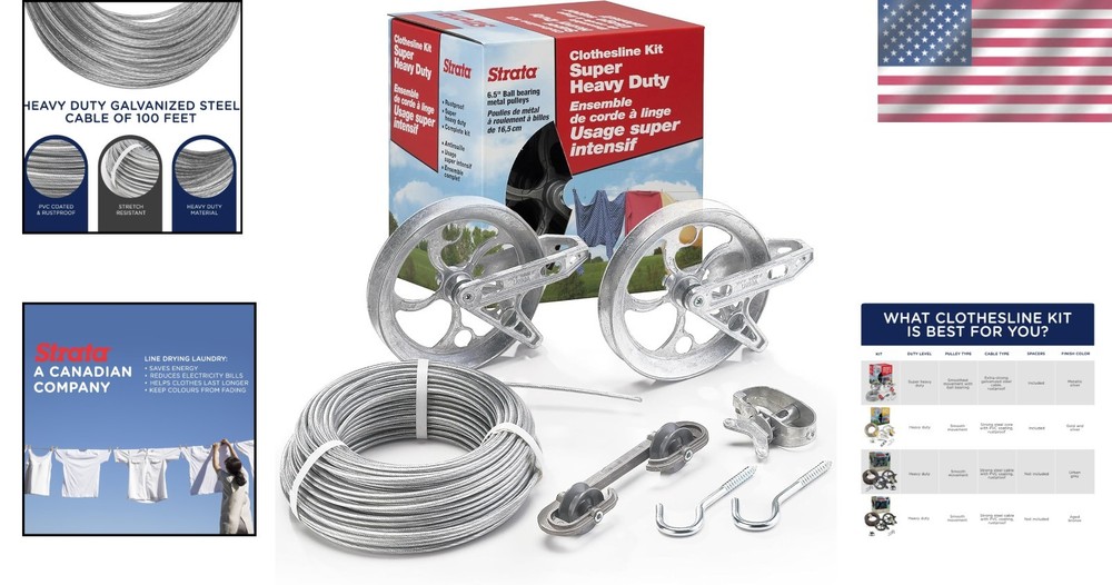 Long Lasting Clothesline Kit - Heavy Duty Galvanized Wire