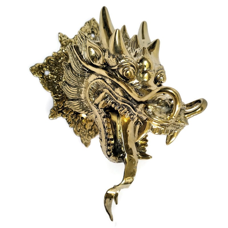 large brass DRAGON head GRAB Hand Cast HOOK Door Handle Pull hollow GRAB