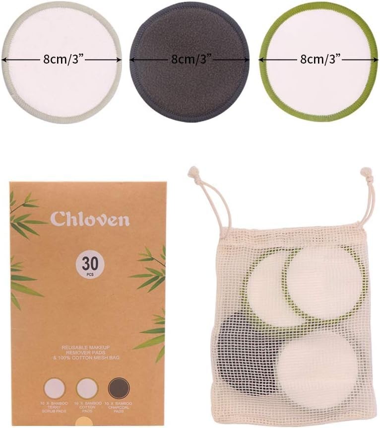 Chloven 30 Pack Reusable Makeup Remover Pads - Bamboo 30 Count, Multi-colored