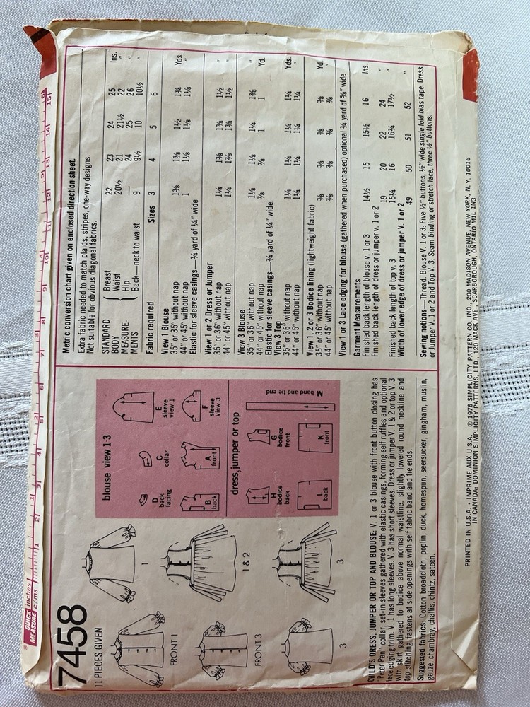 Vintage 1976 Simplicity #7358 Sewing Patterns. Child Size #3