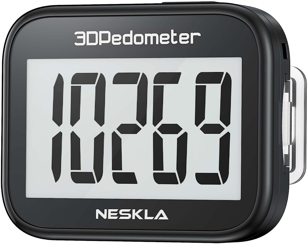 3D Pedometer Walking Step Tracker Large Display Clip Lanyard - Black