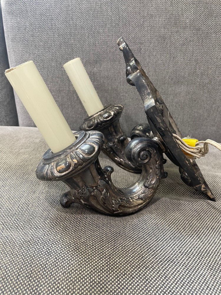 Antique Silver Plated 2 Light Wall Sconce w/ Acanthus Leaf Decoration