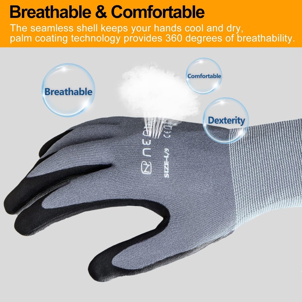 Microfoam Nitrile Coated Safety Work Gloves - Breathable Nylon, Multiple Pairs