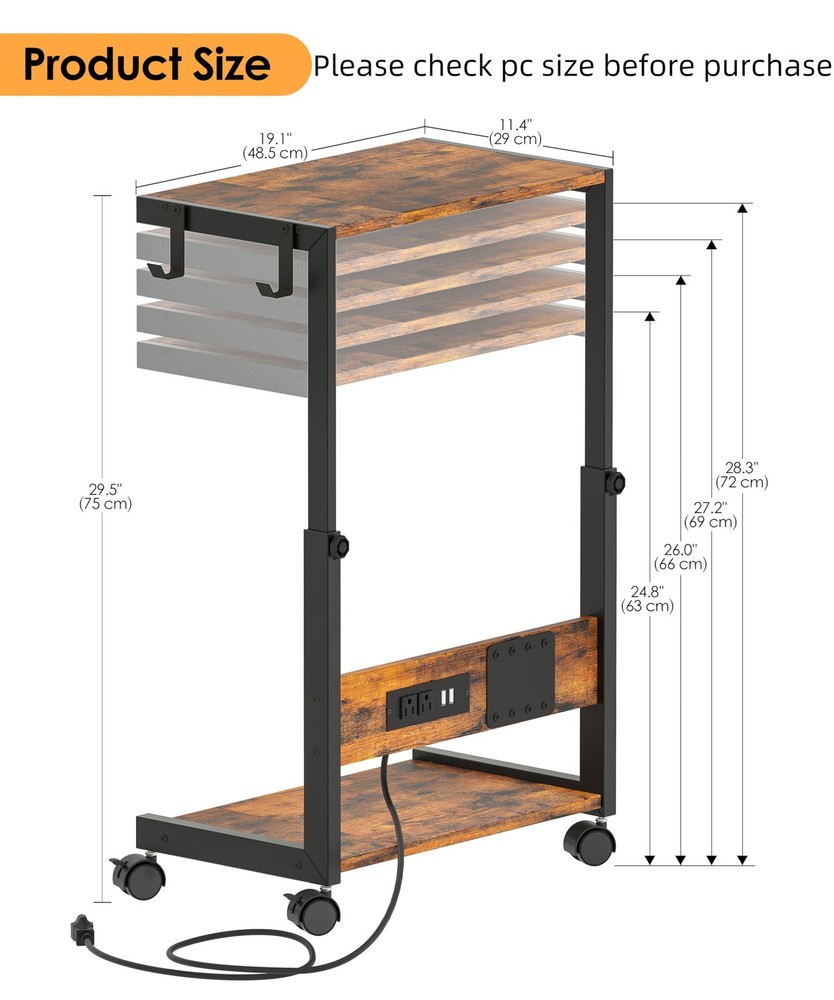 Height Adjustable Computer Tower Stand with Charging Station, 2 Tier Mobile F...