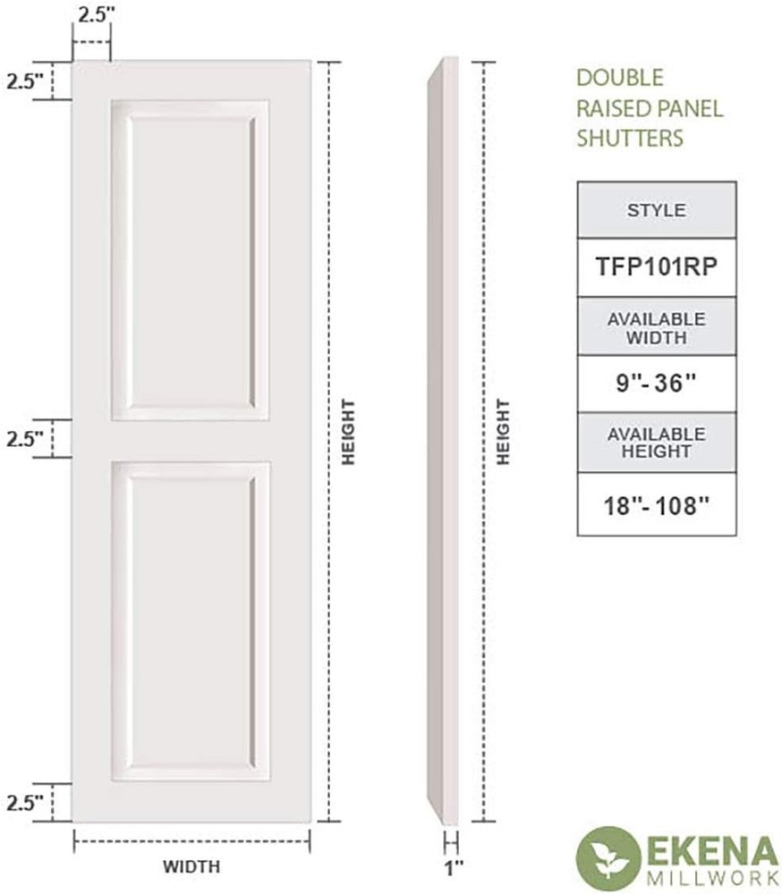 15"W x 25"H True Fit PVC Two Equal Raised Panel Shutters, White (Per Pair
