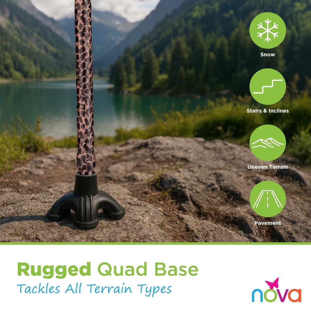NOVA Sugarcane Leopard Walking Cane Adjustable Quad Tip with Carrying Strap