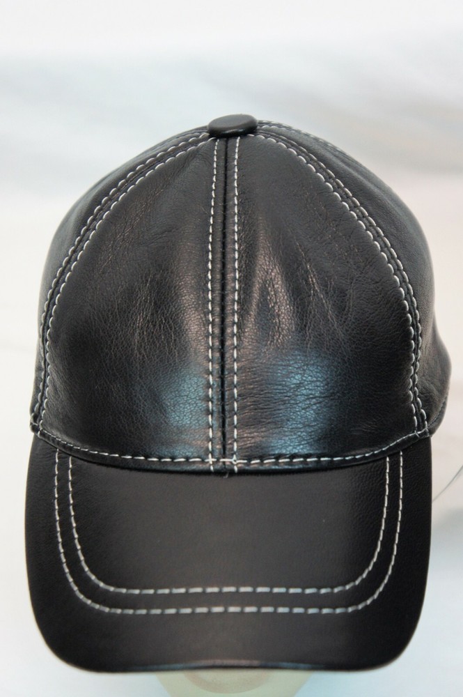 Black 100% Genuine Real Lambskin Leather Baseball Cap Hat Visor WHITE THREAD NWT