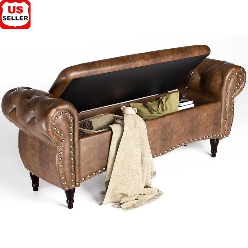 Upholstered Storage Bench Multi-Functional Ottoman Shoe Change Seat Wood Frame