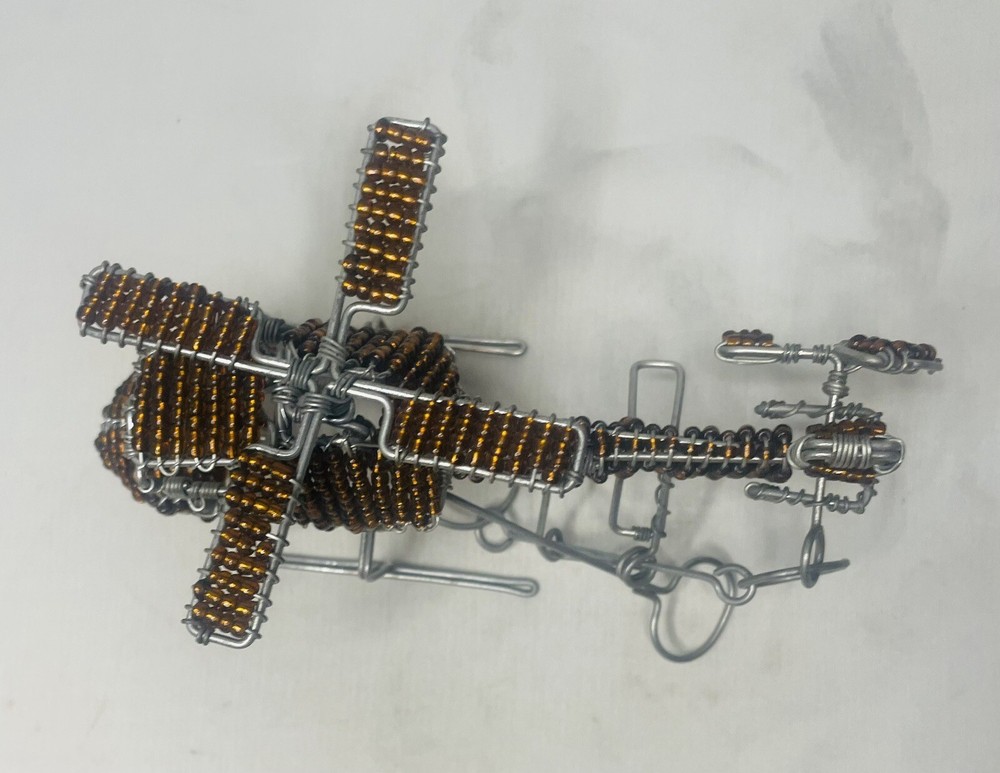 Wire Beeded Sculpture Model Brown Helicopter . Functional Propellers !