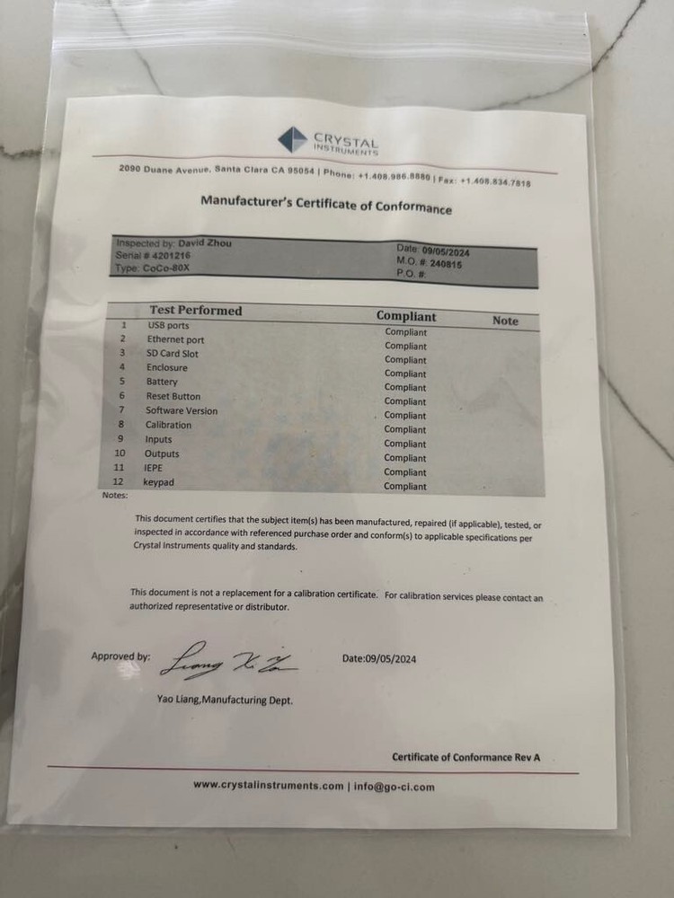 Crystal Instruments CoCo-80X Bumper Test Kit