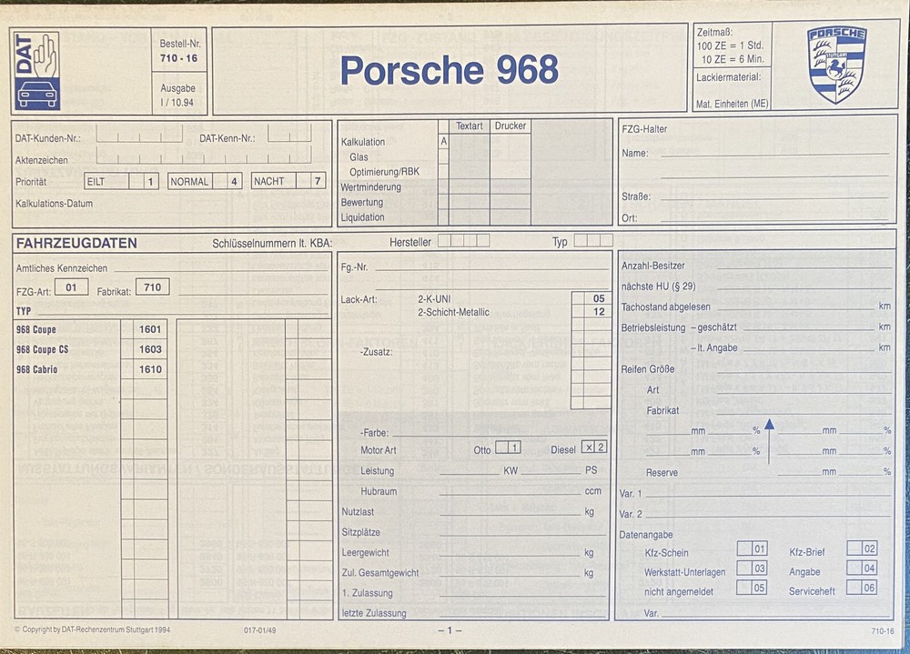 Porsche 968 1994 Genuine DAT Exploded Drawing Repair Sheet (O5-27-1)