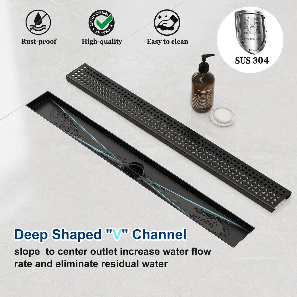 Neodrain 18-Inch Black Linear Shower Drain with Removable Quadrato Pattern Gr...