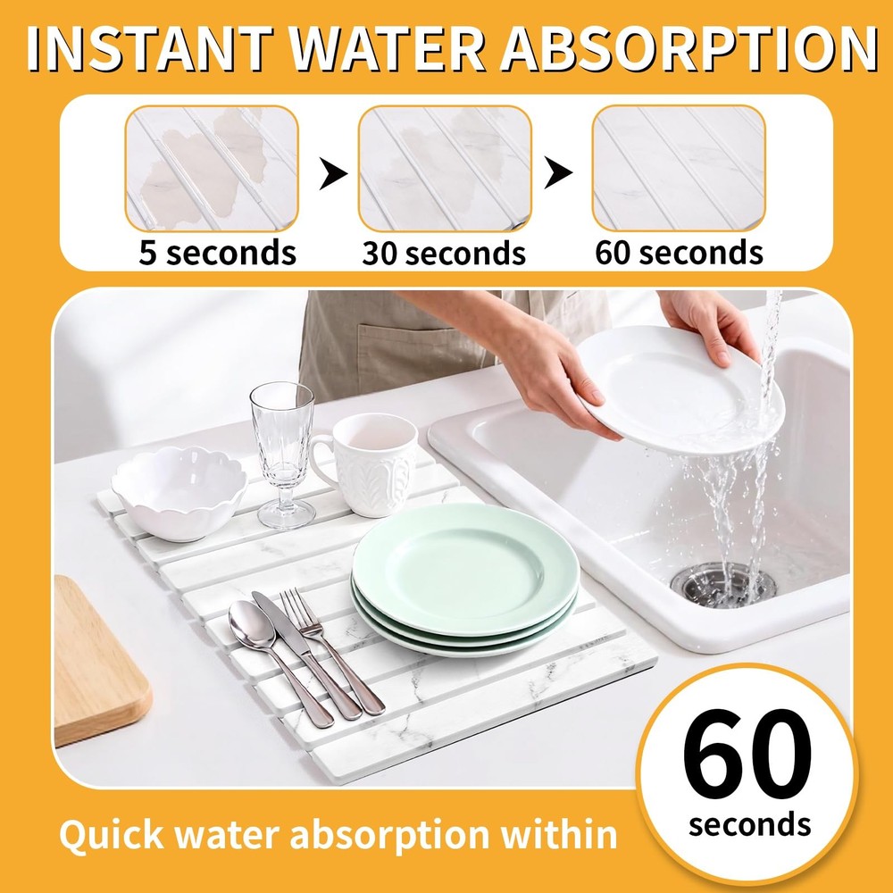 Stone Dish Drying Mat for Kitchen Counter, 24"×16" Foldable Stone Drying Mats...