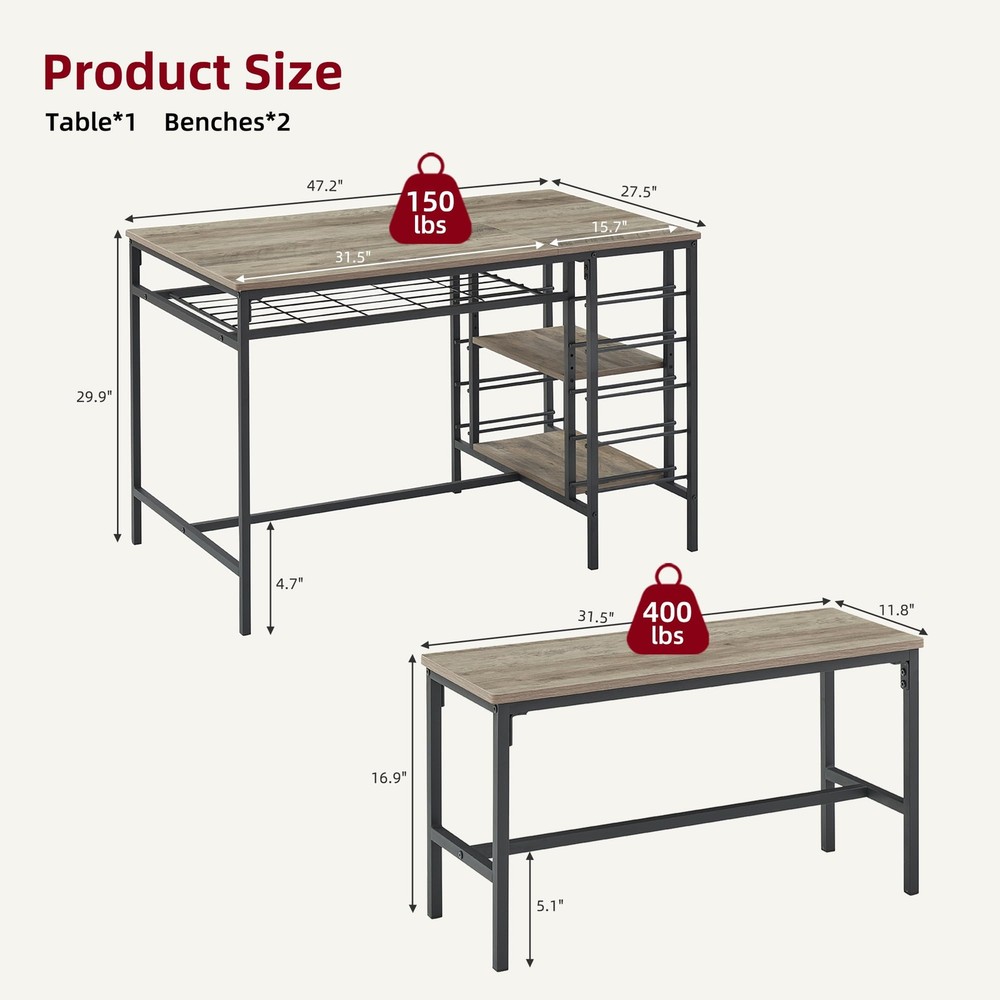 Dining Table Set for 4 Kitchen Rectangular Table & 2 Benches, Wine Rack Dinette