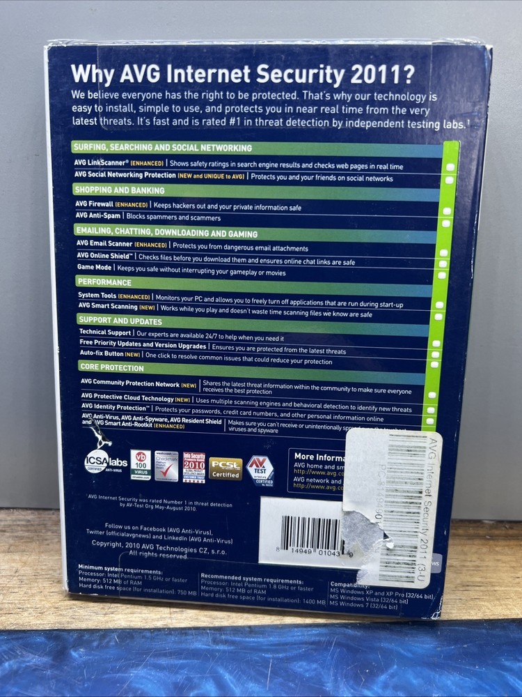 Vintage PC AVG INTERNET SECURITY 2011 New Sealed