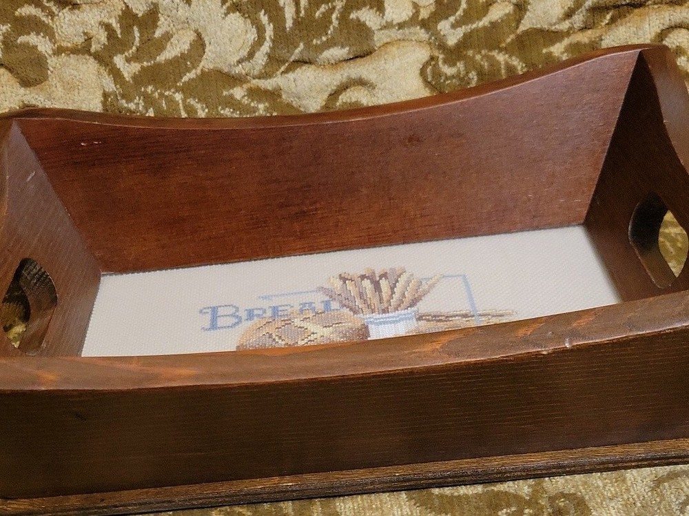 Wooden Bread Tray w Needlepoint in Bottom