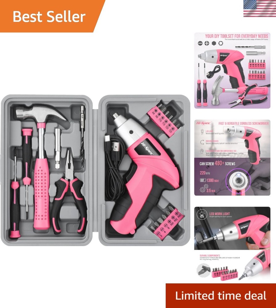 USB Rechargeable Pink Screwdriver Set - Ideal 19-Piece Tool Kit for DIY Projects