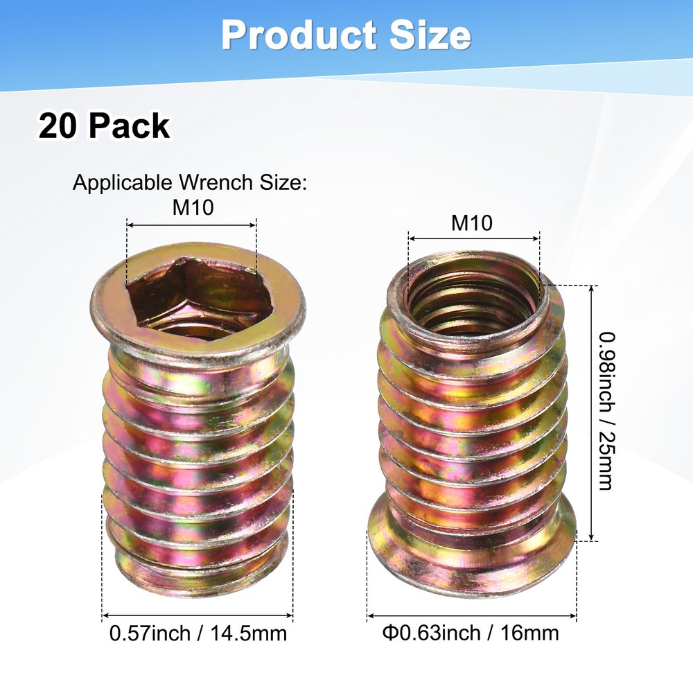 20-Pack Threaded Inserts for Wood, M10x25mm Threaded Insert Nuts [Gold Tone]
