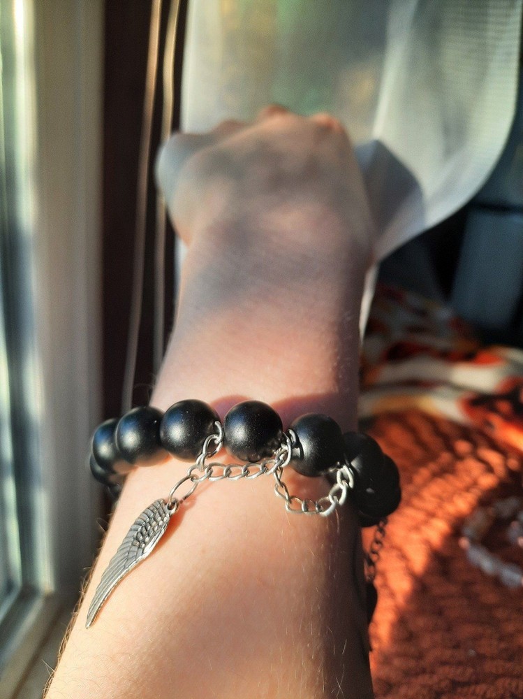 Obsidian Shadowhunter Bracelet with wing charms (handmade)