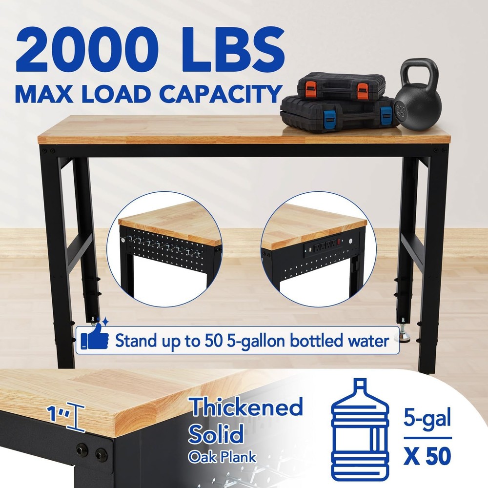 2000 lbs Capacity Height Adjustable Workbench 60"x20" for Home Office Workshop