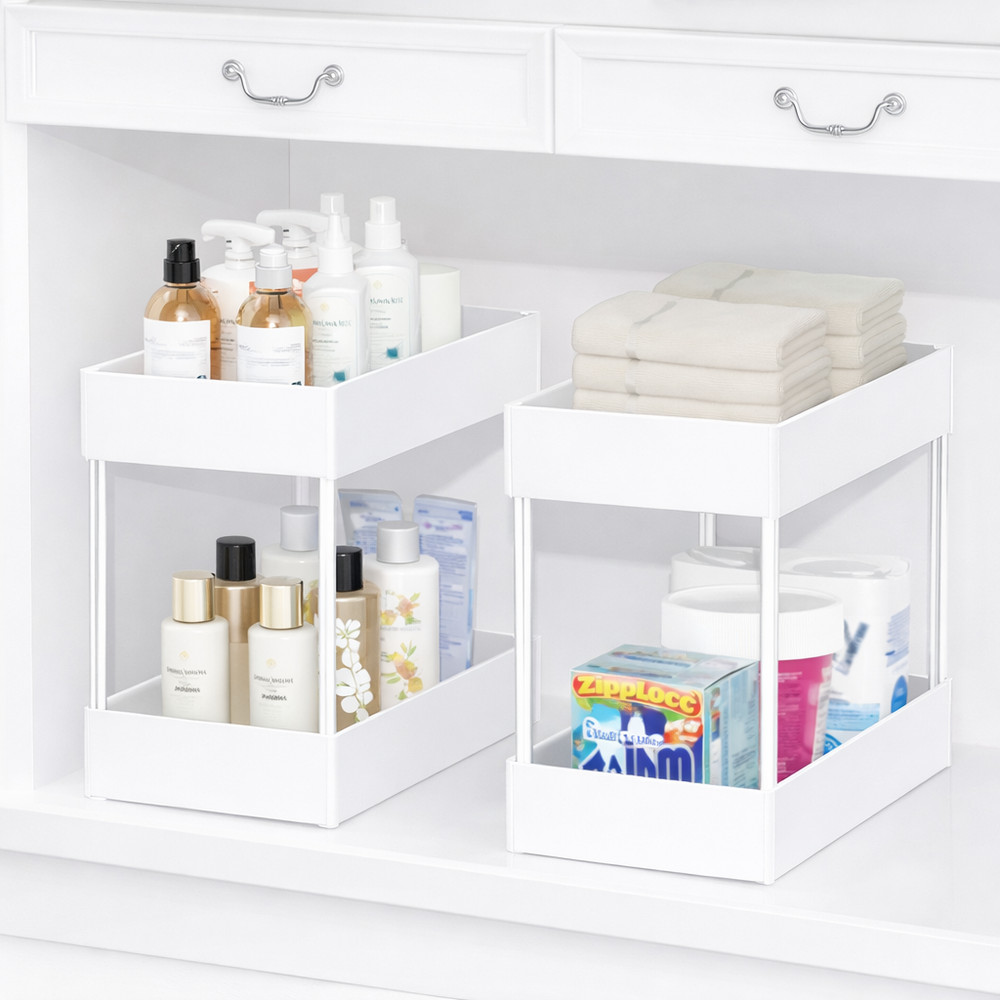 2 Pack Under Sink Organizer 2 Tier Sliding Drawer Storage Rack Kitchen Bath