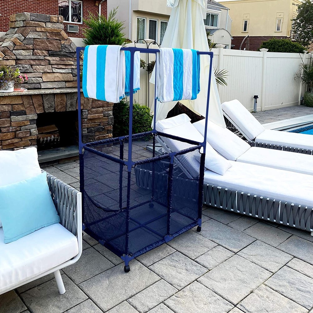 Pool Equipment Holder with Towel Drying Bars, Mesh Rolling Pool Storage Organ...