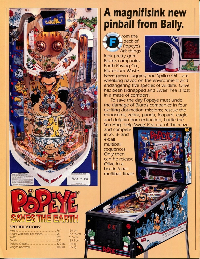 Popeye Pinball Flyer Mint / Brochure / Ad