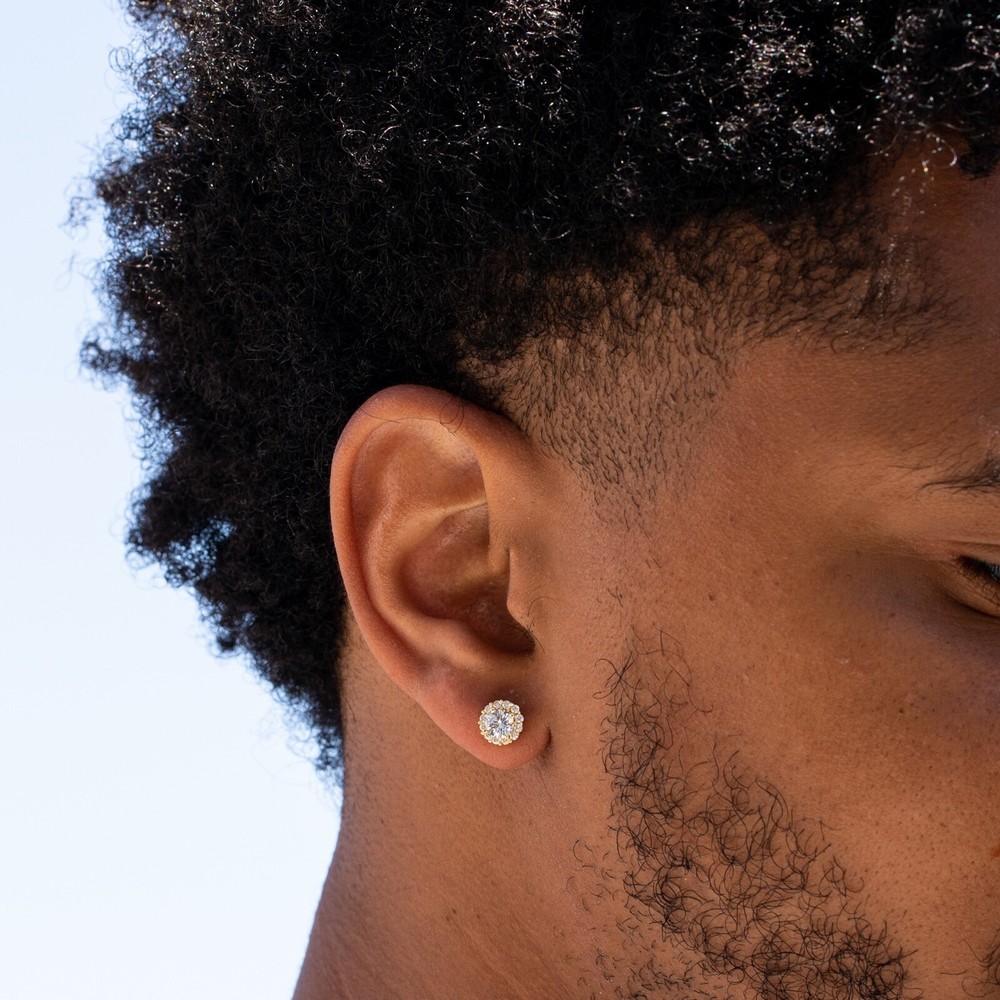 Men's Round Gold Plated Small 925 Sterling Silver Circle Pointer Stud Earrings