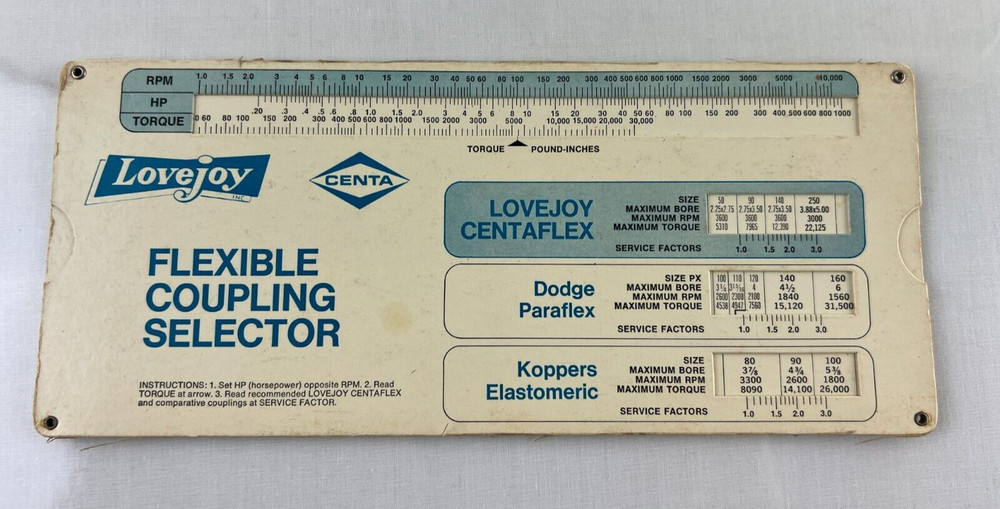 Flexible Coupling Selector Slide Rule Lovejoy Centaflex, Paraflex, Elastomeric