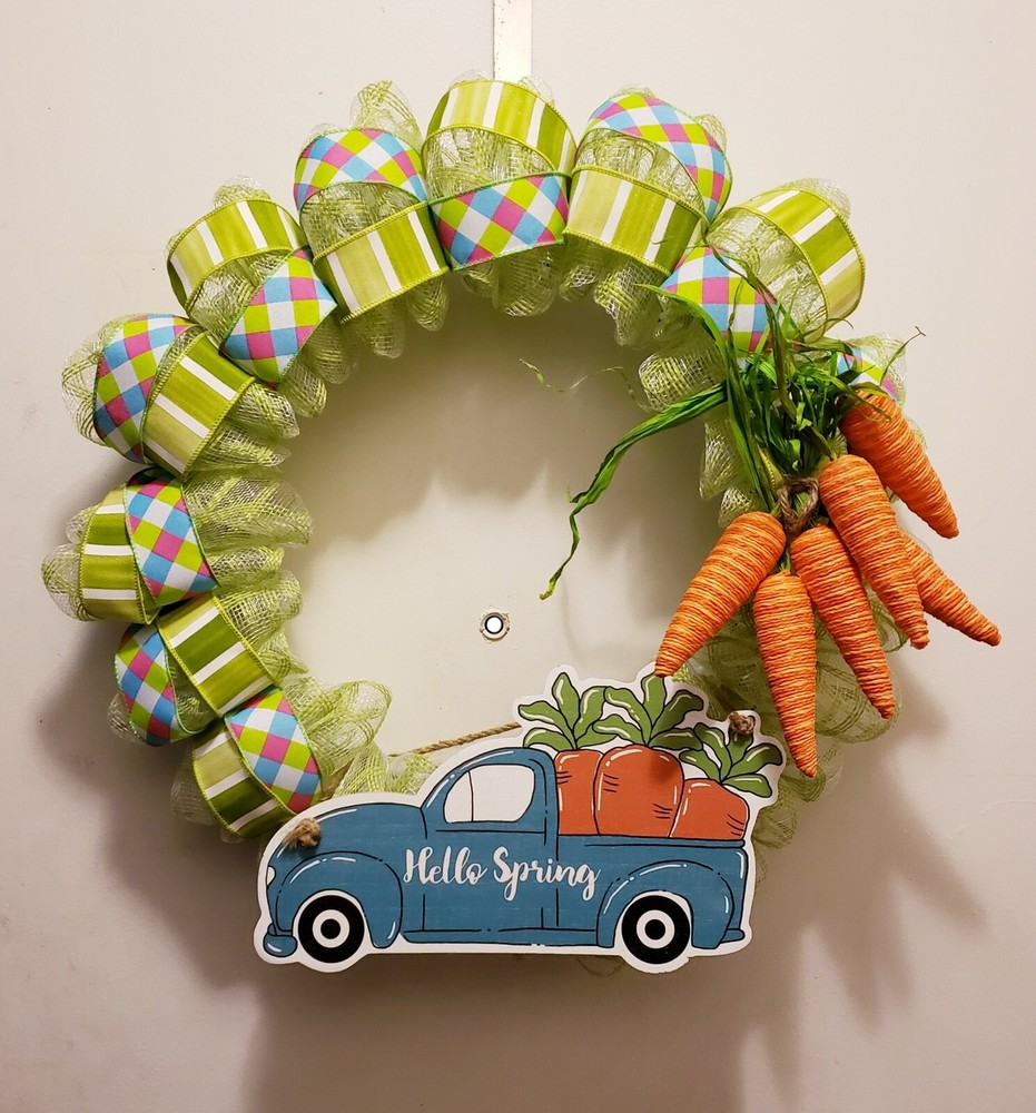 Hello Spring Truck Wreath - Mesh & Canvas Ribbon