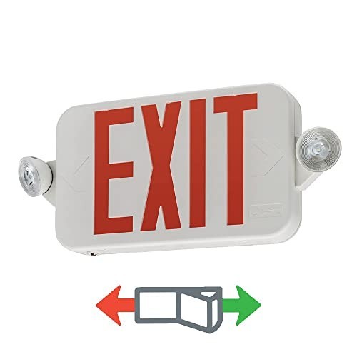 LED Exit Sign Emergency Light Combo, Switchable Red/Green, 2-Head Fixture, White