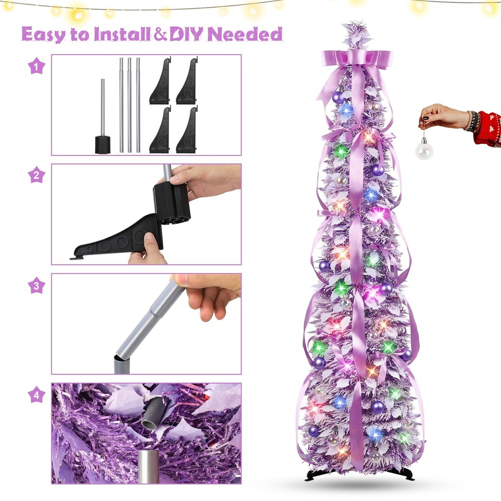 Pop Up Christmas Tree Decorations Artificial Collapsible Tree with Lights 8Mo...