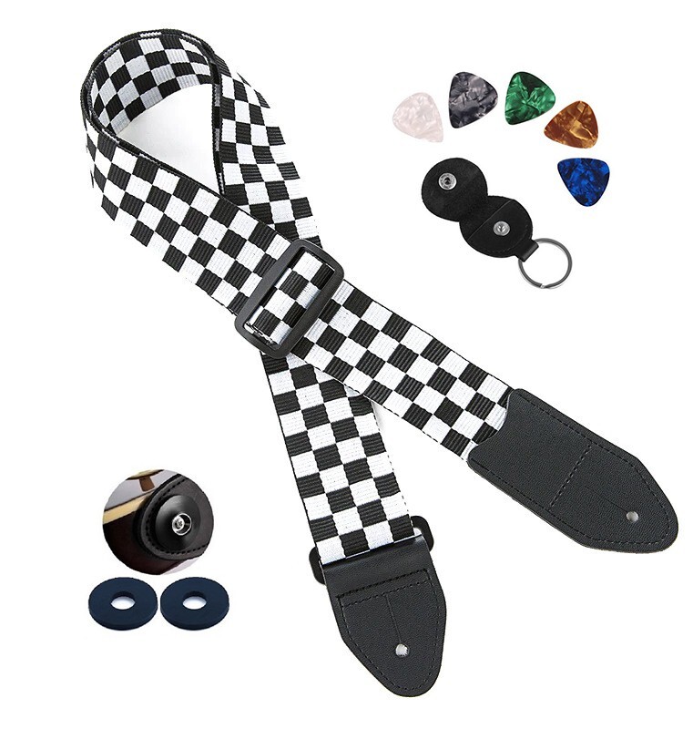Checkered Guitar Strap Black and White + Guitar Picks & Strap Locks. Ships Fast!