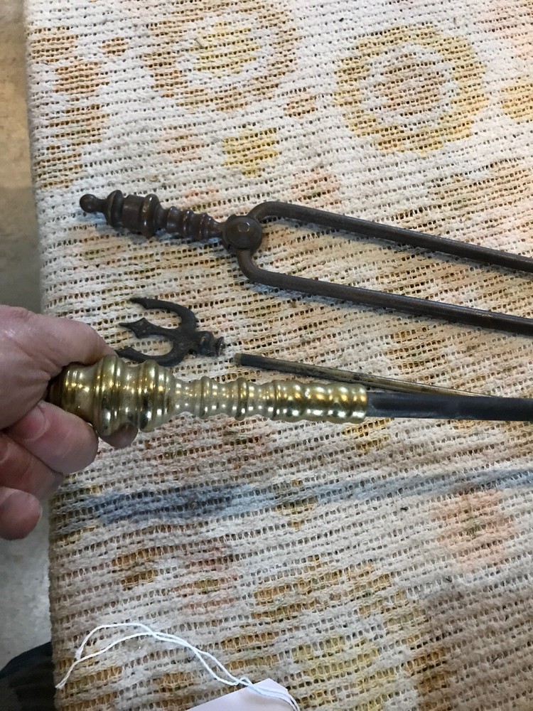 Three pieces Antique fireplace tools poker Tong Fork