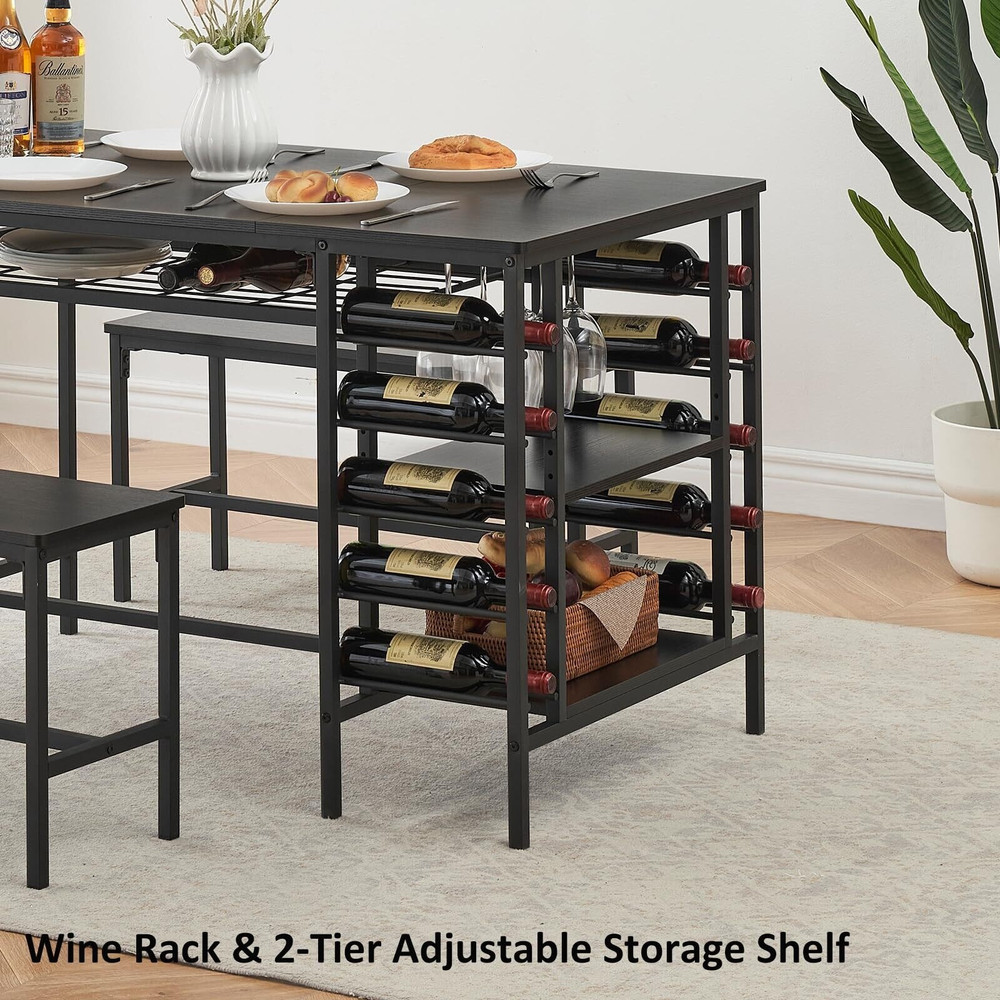 Kitchen Dining Table Set Storage Racks Wine Shelf Space Saving 2 Benches Seats 4
