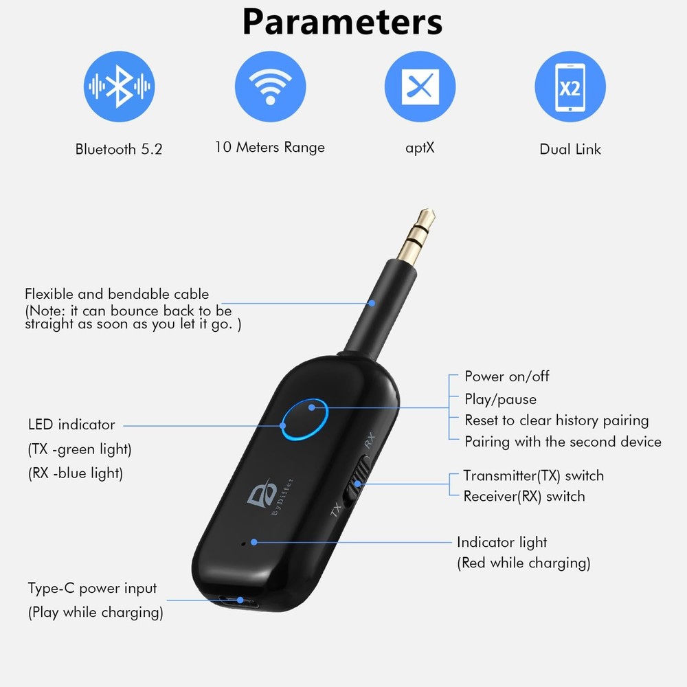 Bluetooth 5.2 Audio Transmitter Receiver for TV, Bluetooth Transmitter for He...